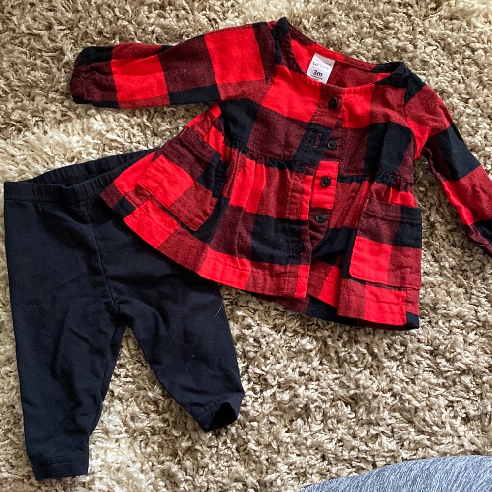 3 month baby girl red and black plaid dress and legging set.